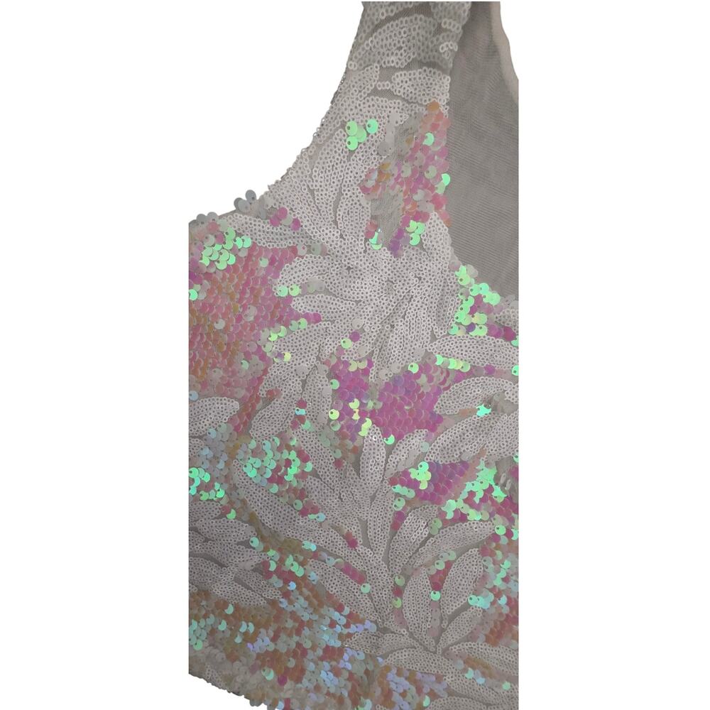 Vintage Sequin Top Womens M White & Iridescent Pink Embellished Lined - Picture 3 of 7
